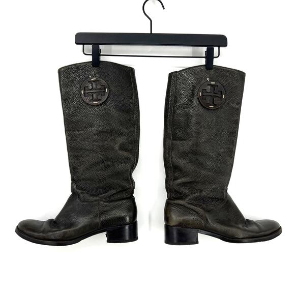 Tory Burch Chocolate Brown Tall Pebbled Leather Heel Riding Boots Logo Size 9 M - Picture 1 of 16